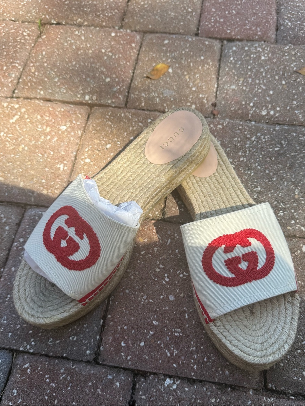 New!!!!!! Gucci Ivory Canvas Espadrille Slide Mules with Red Logo